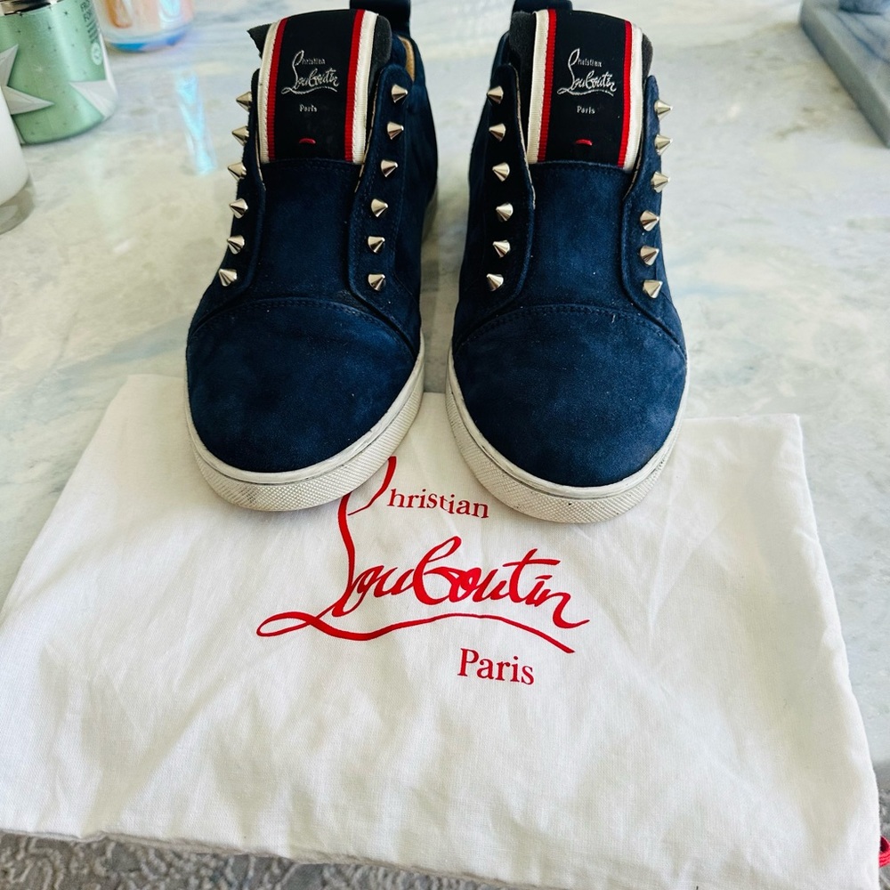 Christian Louboutin F.A.V Fique A Vontage Suede Dark Blue Studded Sneakers - Picture 2 of 6